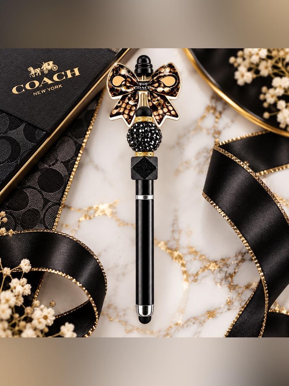 Fashion C🖤ch Black & Gold Acrylic Bow Stylus & Pen